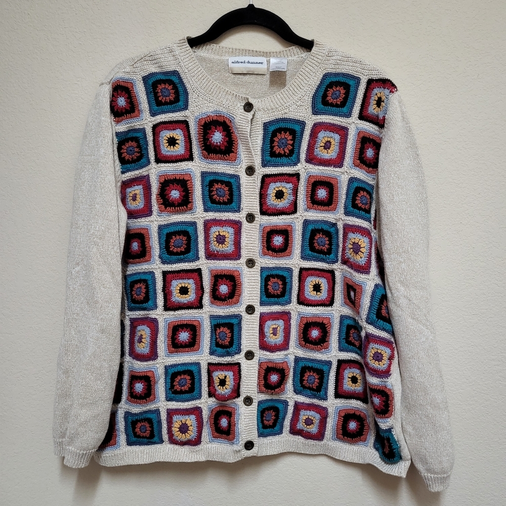 Alfred Dunner- Vintage Granny Square Button Front Cardigan